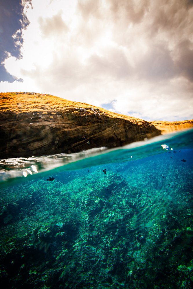 Rocky coastline and reef seen across the waterline