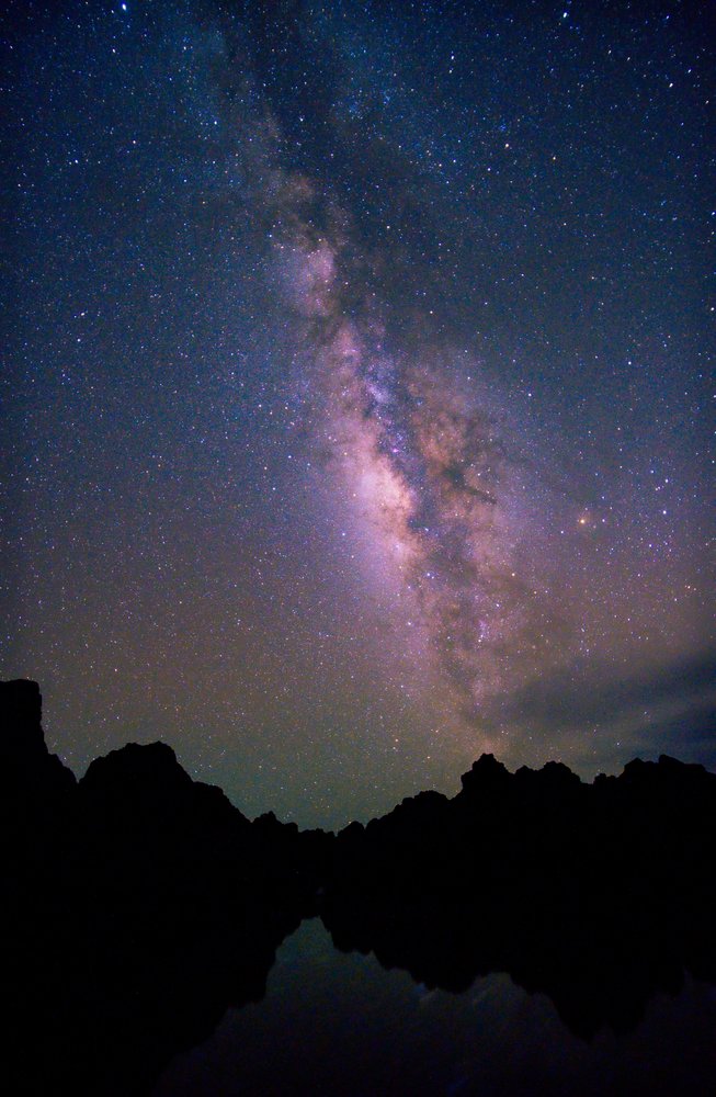 The Milky Way above a rocky shoreline