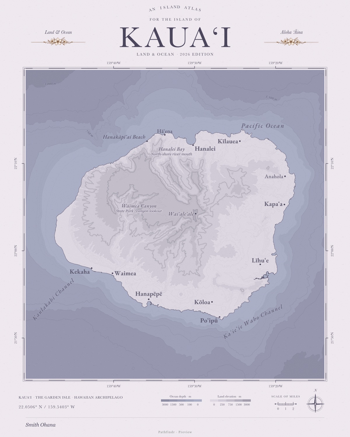 Kauaʻi Island Map in Dusk